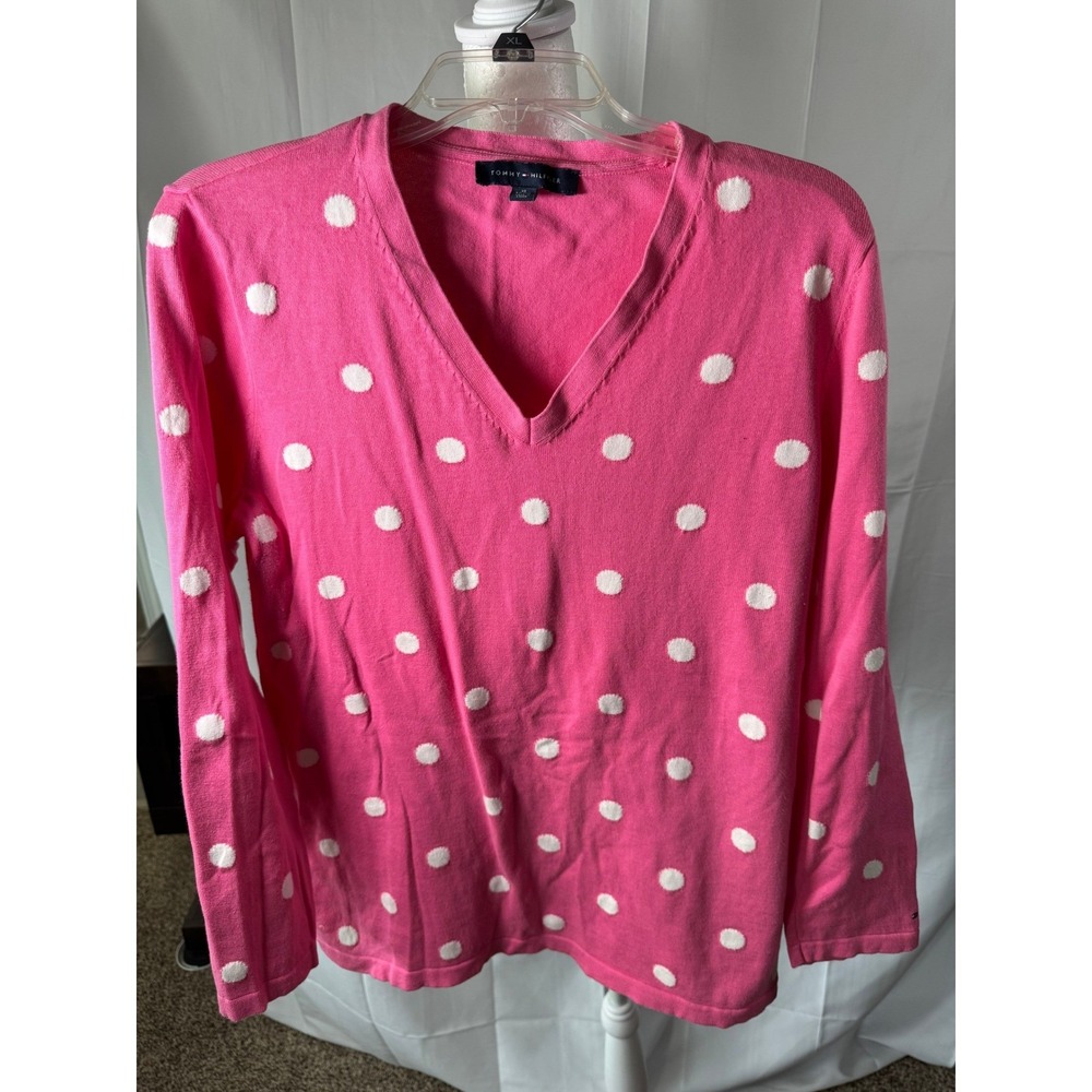 Tommy Hilfiger XL Pink Sweater White Polka Dots Long Sleeve Cotton V Neck